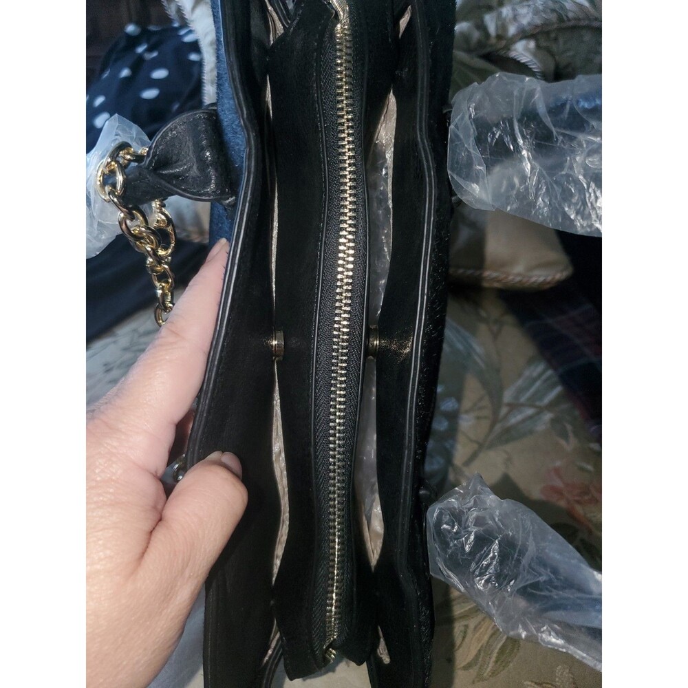 NWT Carol Brodie Black Leather & Haircalf Satchel with Gold Lucky Charms - Picture 9 of 16